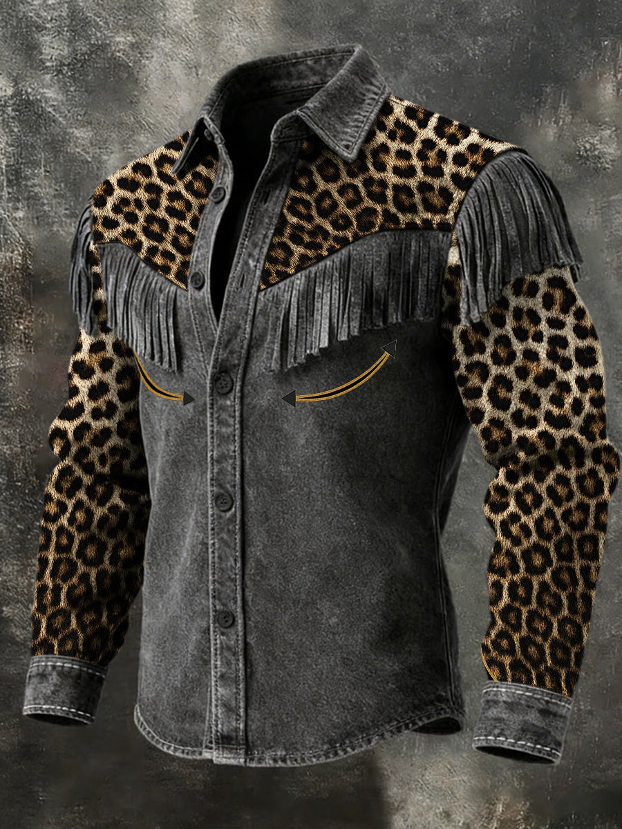 Men's Retro Western Style Art Print Vintage Tassel Casual Long Sleeve Shirt